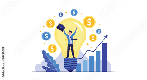 Motivated businessman standing on a light bulb with rising financial bar charts and floating coins representing profitable ideas and growth.