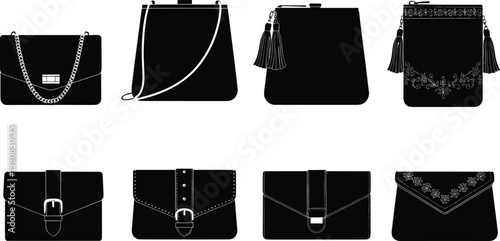 Vector illustration of vintage clutches, tassel purses, embroidered handbags, stylish evening bags, chain strap purses, elegant women fashionillustration of vintage clutches, tahion accessories