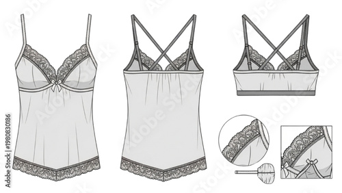 Vector CAD design of lingerie set with lace details and straps