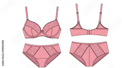 Vector CAD design of pink lingerie set with bra and panties
