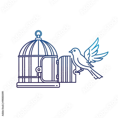 Bird escaping from an open cage symbolizing freedom.