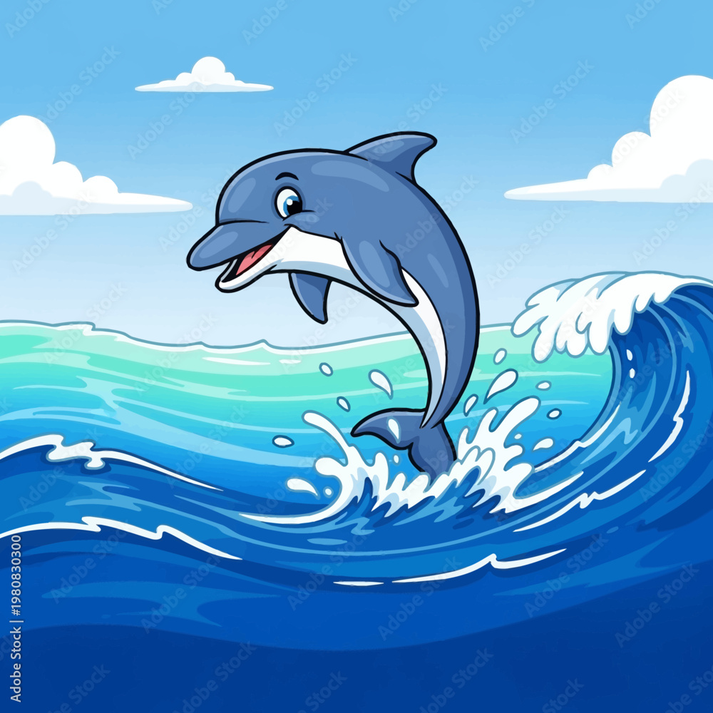 Obraz premium Cartoon Dolphin Jumping Over Ocean Wave.