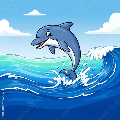 Cartoon Dolphin Jumping Over Ocean Wave.