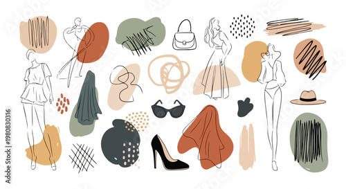 Fashion illustration with various clothing items and accessories in a minimalist style on a white background