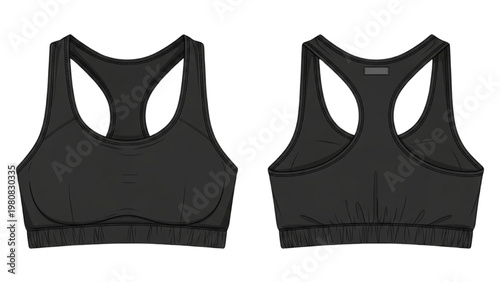 Vector CAD designs showcase sporty black sports bra in two views