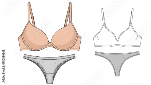 Vector CAD illustration of lingerie sets including bras and panties