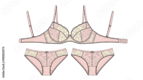 Vector CAD design of lingerie set with pink and cream colors