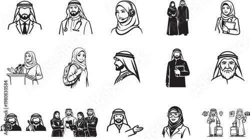 Arabic man and woman line icon set with cultural people symbols editable stroke vector design.