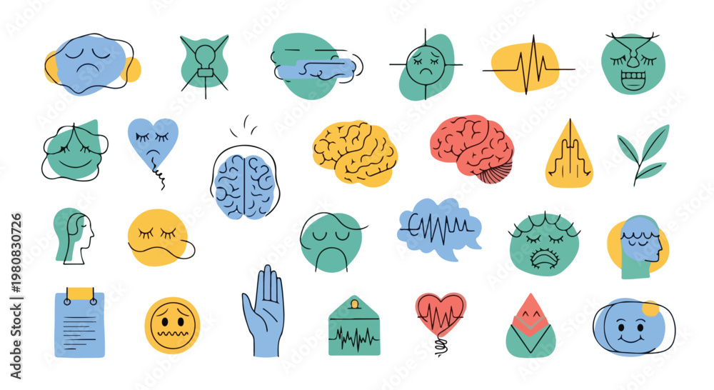 Obraz premium Colorful illustrations of various mental health and emotions symbols, including brains, hearts, and expressive faces