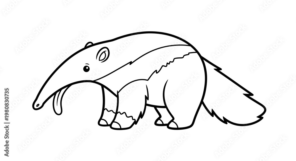 Fototapeta premium Cartoon Anteater Graphic Playful Wildlife Art for Children; Humorous Animal Depiction; Black-and-White Artwork; Doodle Style; Outline Drawing; Whimsical Creature Concept.