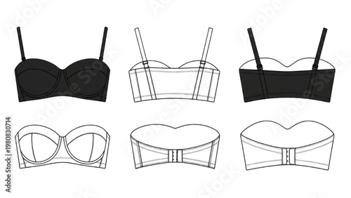 Vector CAD designs of various lingerie bras in multiple views