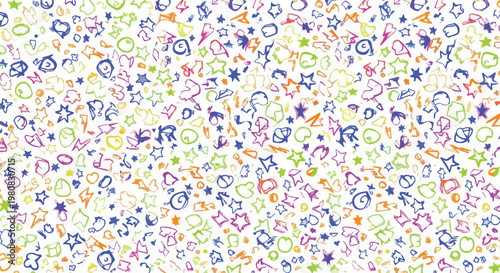 Vibrant colorful confetti background with assorted shapes and symbols in pastel hues for festive celebration