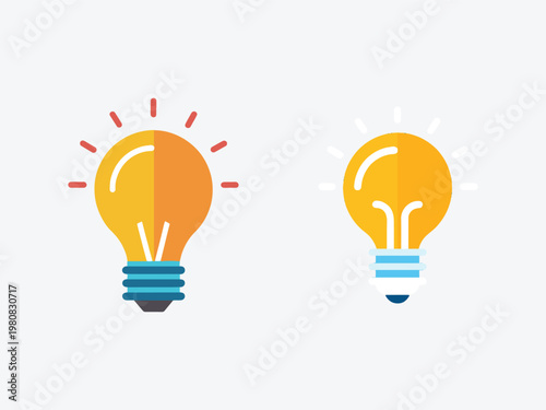 Two colorful light bulb icons representing ideas and innovation with one glowing brightly with red rays and the other softly with white rays  symbolizing creativity and inspiration