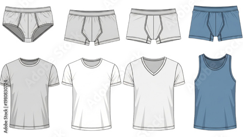 Vector CAD fashion illustration of clothing including underwear and casual tops