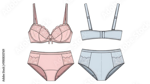 Vector CAD lingerie set includes pink and blue bra and panty designs