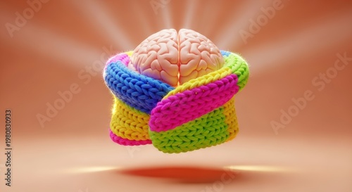 Colorful brain wrapped in crocheted yarn.