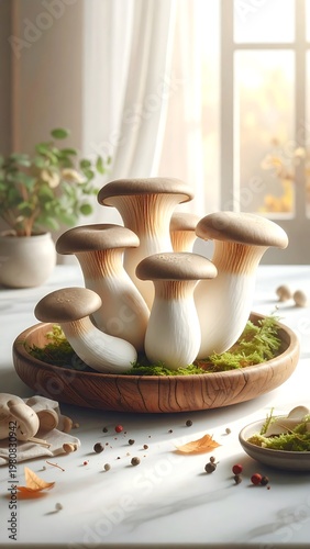 A plate of mushrooms on a table by a sunny window
