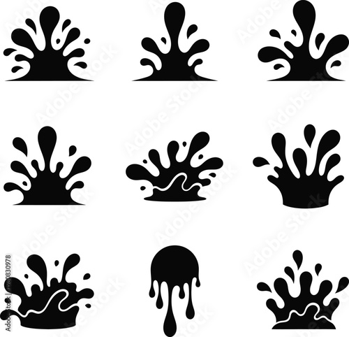 Nine black water splash and liquid drips on white background water splash liquid splash water drop splash effect