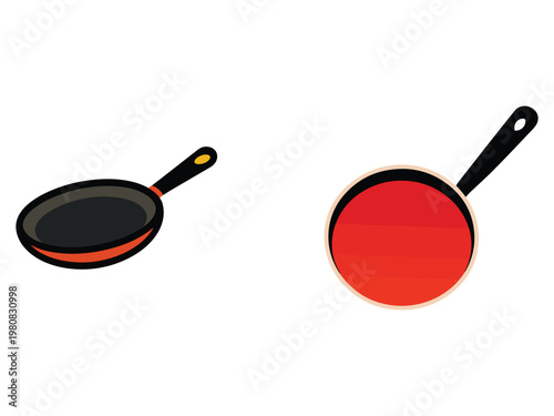 Two frying pans one empty and one with red liquid isolated on white background  cooking utensils