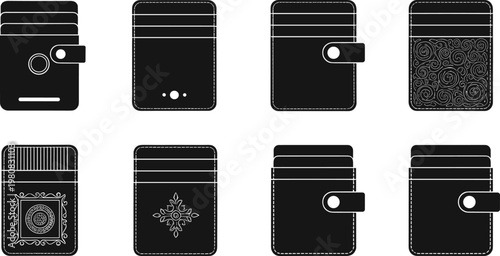 Vector illustration set of slim wallets and card holders, minimalist leather design, modern pocket accessories for men and women