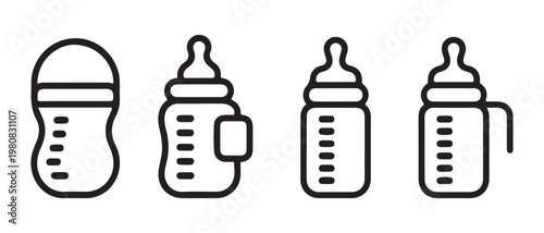 Collection of baby feeding bottles and sippy cups icons, flat design, line art vector illustration.