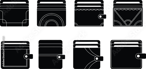 Vector set of slim wallets and card holders with geometric minimalist design, modern pocket accessories, leather style for men and women