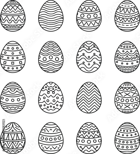 Sixteen black outline easter eggs with various decorative patterns on white background black and white