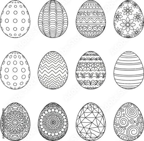 Twelve black and white line easter eggs with intricate patterns line outline