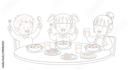 Flat vector illustration of cute children eating healthy meal with fruits and soup at dining table