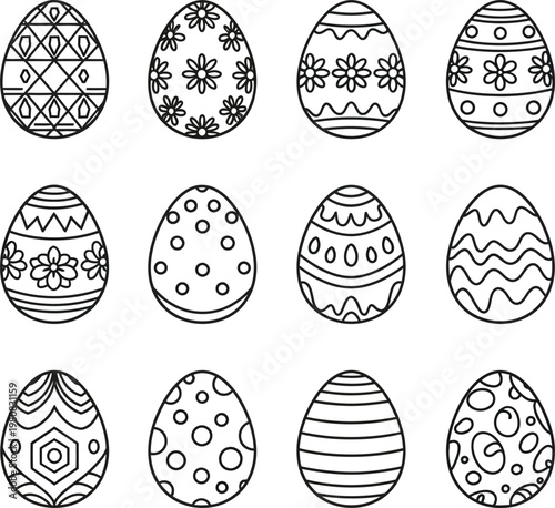 Twelve black and white outline easter eggs with diverse patterns
