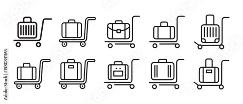 Collection of line art luggage carts with various suitcases for travel and transport vector illustration.