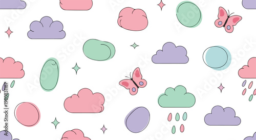 Whimsical pastel colored cloud and butterfly pattern with raindrops and sparkles on white background