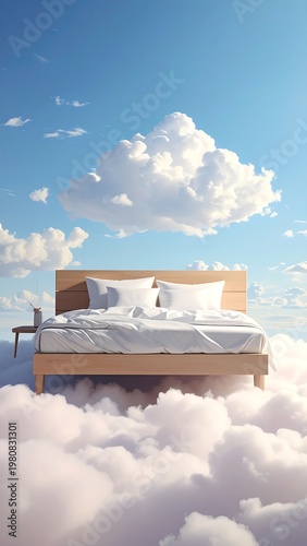 A serene bed floats amidst fluffy clouds under a bright blue sky (1)