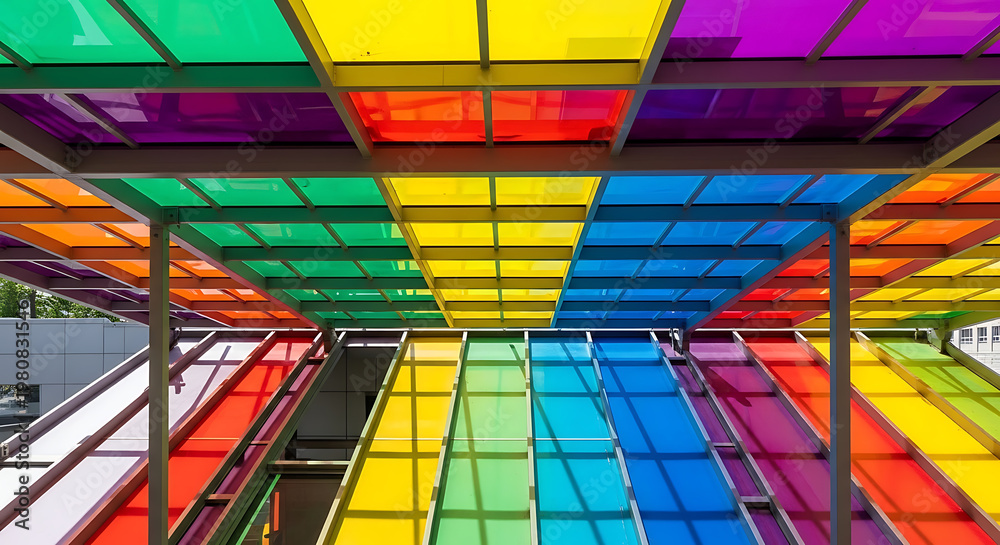 Fototapeta premium Colorful geometric canopy structure with vibrant panels on transparent background high quality