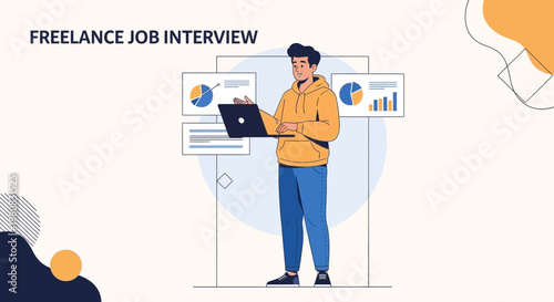Freelance Job Interview: Man with Laptop and Charts, Business Concept