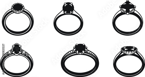 Vector illustration of solitaire diamond rings, round and oval cuts, prong settings, engagement jewelry, wedding bands, luxury fashion accessory designs