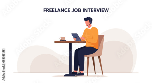 Freelance Job Interview: Man with Headset on Tablet at Table