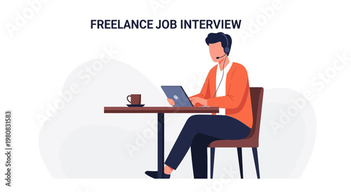 Freelance Job Interview: Man with Headset on Laptop in Cafe