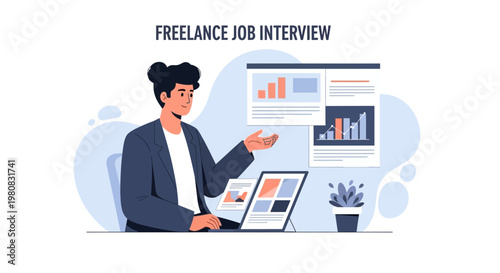 Freelance Job Interview: Person in Business Meeting with Charts on Screen