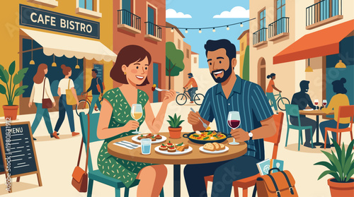 This charming flat design illustration shows a traveling couple happily indulging in local cuisine at an outdoor cafe, embracing cultural experiences. It highlights the joy of culinary