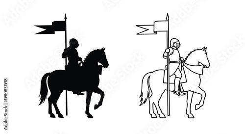 Two depictions of a medieval knight riding a horse with a flagbearer