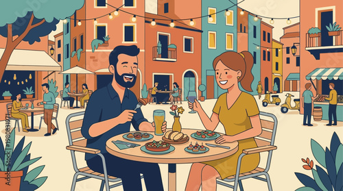 This charming flat design illustration shows a traveling couple happily indulging in local cuisine at an outdoor cafe, embracing cultural experiences. It highlights the joy of culinary
