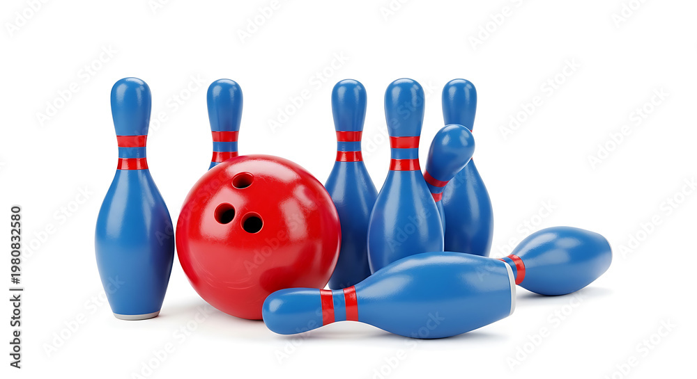 Naklejka premium A red bowling ball and blue pins on a white background