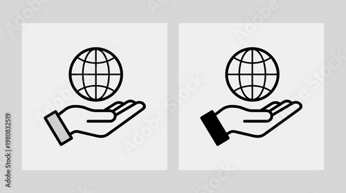 Minimalist monochrome global support icons showing hands holding globes, symbolizing sustainability, care, and universal responsibility.