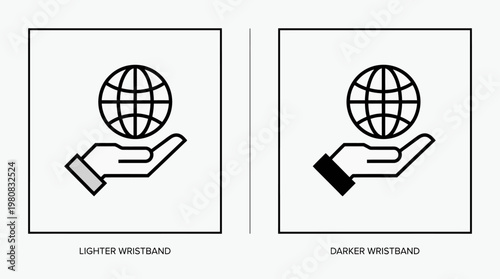 Minimalist monochrome global support icons showing hands holding globes, symbolizing sustainability, care, and universal responsibility.