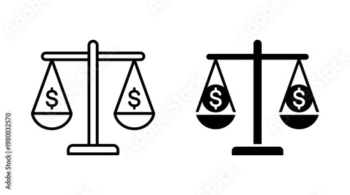 Minimalist monochrome finance icon showing dual balance scales with dollar signs, symbolizing equality, fairness, and monetary comparison.