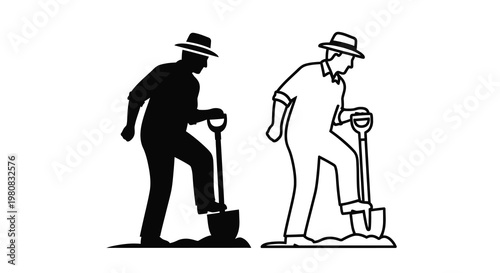 Two depictions of an elderly man gardening with a shovel are shown