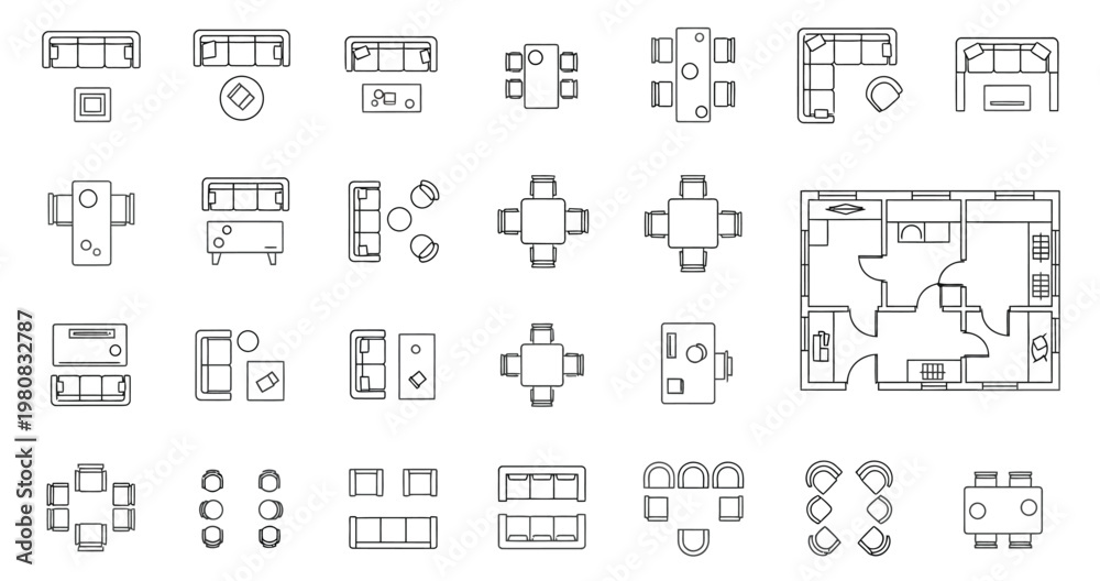 Obraz premium Architectural Floor Plan and Furniture Layout Top View Set