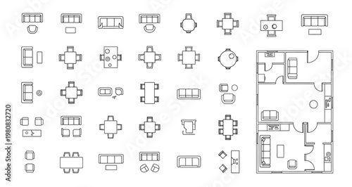 Architectural floor plan elements and furniture layouts