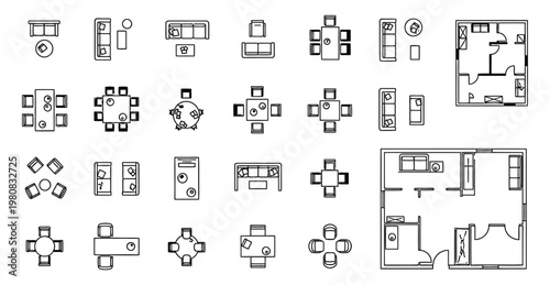 Architectural floor plan elements and furniture layouts